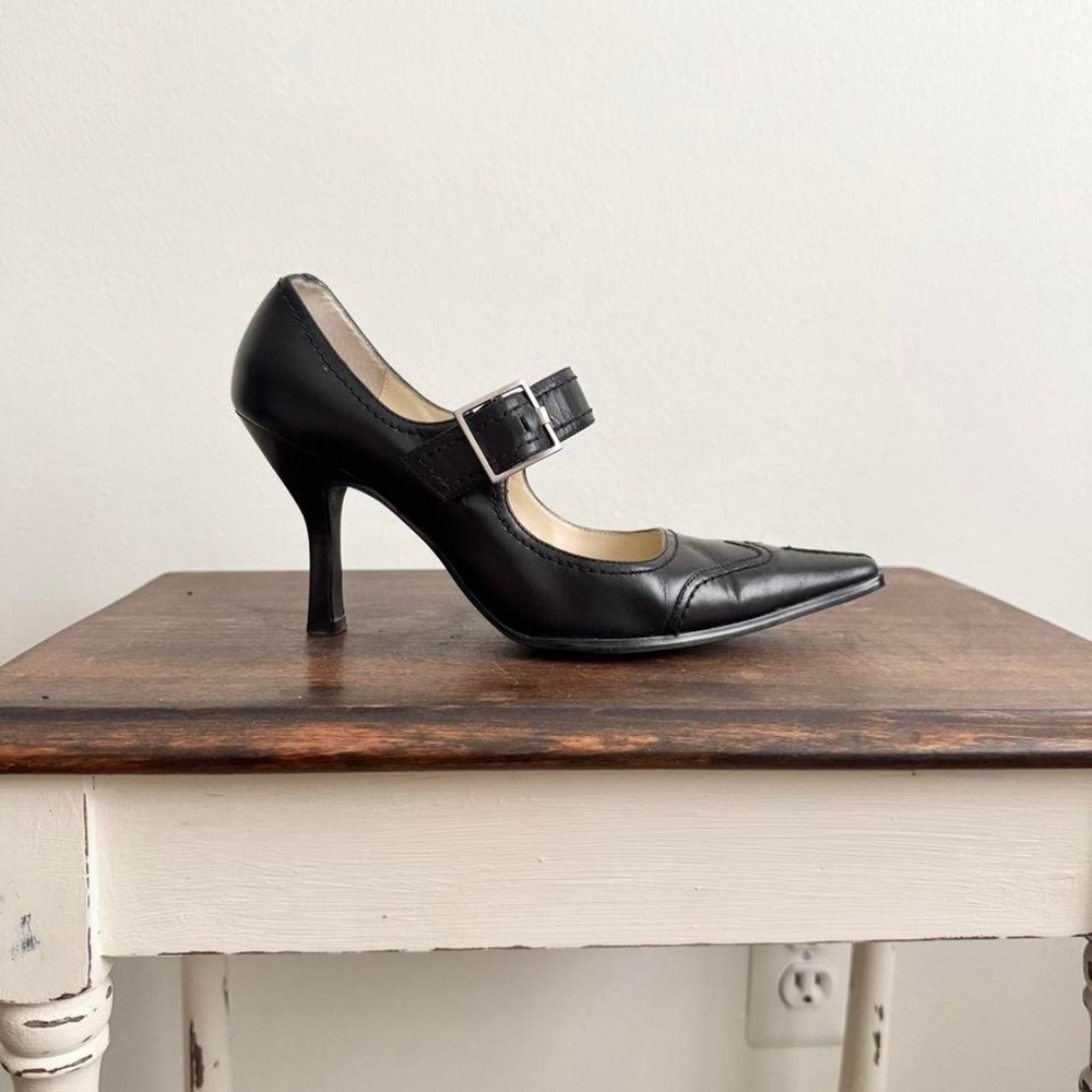 Vintage 90s pointed black leather buckle heel size 6.5 oxford silver square